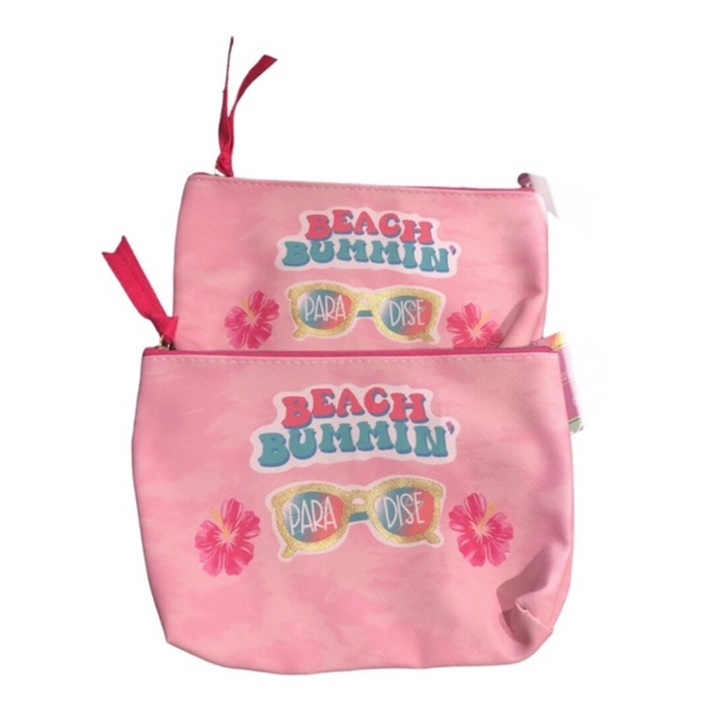 2pack pink “beach bummin’ paradise” make up cosmetics bag case purse clutch new - Picture 5 of 6